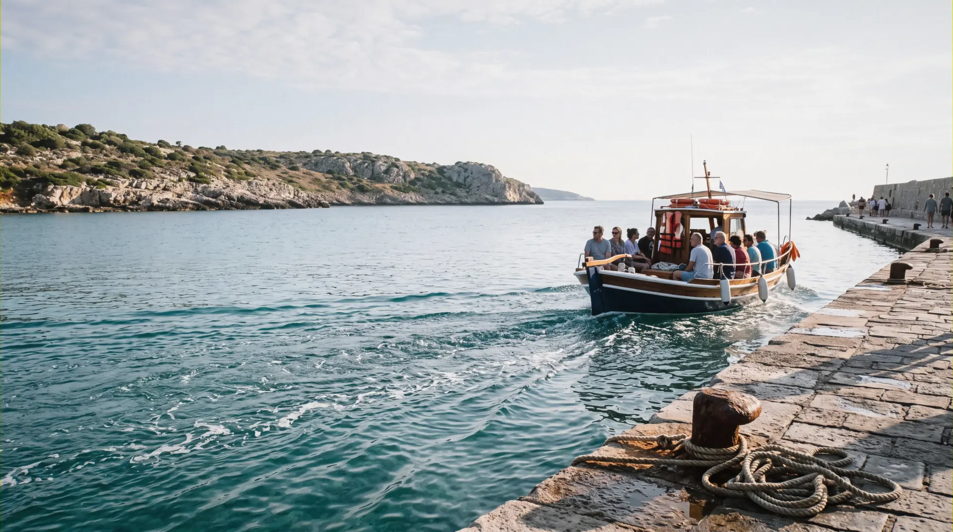 A day-tour boat pulling away from the stone harbour wall at Gruž on a boat tour from port in Dubrovnik, Croatia
