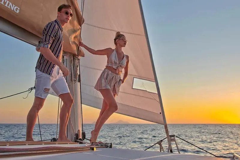 Santorini Gold Catamaran Cruise with Snorkeling, BBQ & Open Bar — a boat tour from Santorini, Greece
